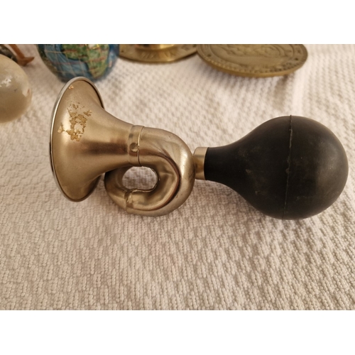 121 - Collection of Items; Pair of Brass Discs Like Sundials, Old Horn, Small Crushed Gemstone Globe, Glas... 
