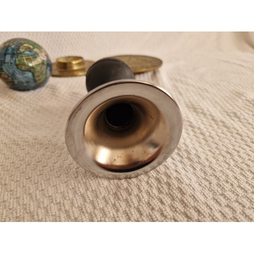 121 - Collection of Items; Pair of Brass Discs Like Sundials, Old Horn, Small Crushed Gemstone Globe, Glas... 