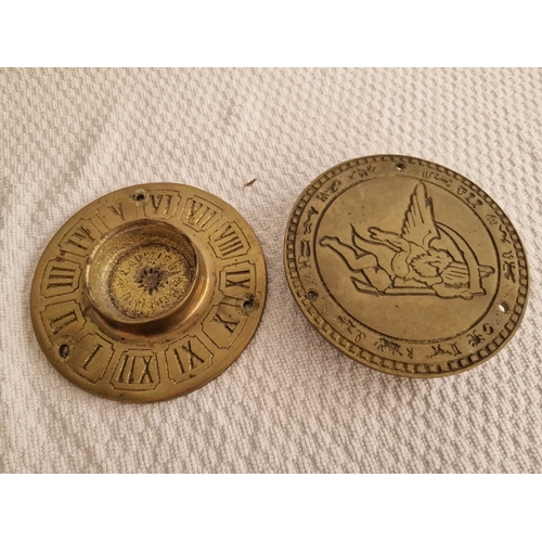 121 - Collection of Items; Pair of Brass Discs Like Sundials, Old Horn, Small Crushed Gemstone Globe, Glas... 