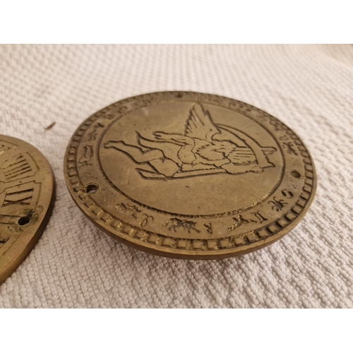 121 - Collection of Items; Pair of Brass Discs Like Sundials, Old Horn, Small Crushed Gemstone Globe, Glas... 