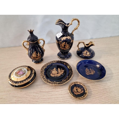 45 - Collection of Limoges Porcelain in Cobalt Blue with Gold Trim and Victorian Couple Scenes; Jugs, Lid... 