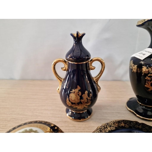 45 - Collection of Limoges Porcelain in Cobalt Blue with Gold Trim and Victorian Couple Scenes; Jugs, Lid... 
