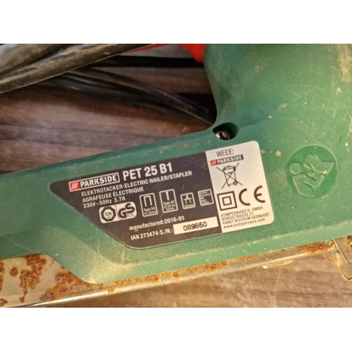 566 - Tool Collection; Parkside Car Polisher, Electric Nailer / Stapler and an Orbital Sander, * Basic Tes... 