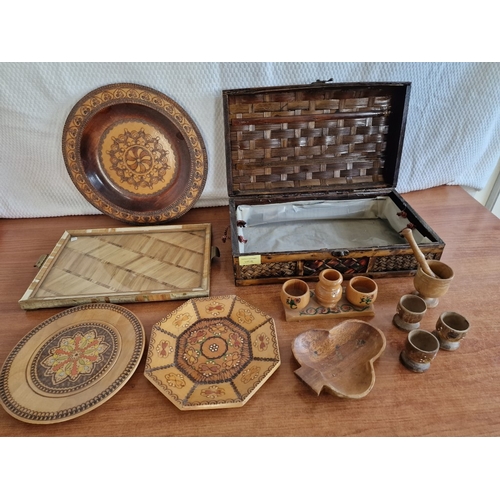 82 - Collection of Wooden Items; Decorative Plates, Tray, Egg Cups, Club Shaped Dish, Wicker Basket, etc