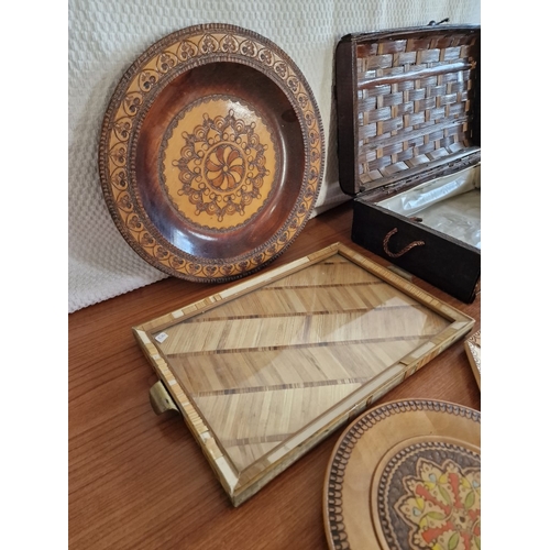 82 - Collection of Wooden Items; Decorative Plates, Tray, Egg Cups, Club Shaped Dish, Wicker Basket, etc