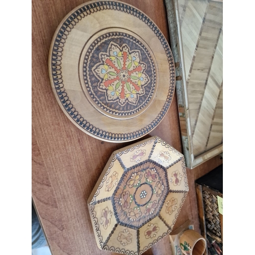 82 - Collection of Wooden Items; Decorative Plates, Tray, Egg Cups, Club Shaped Dish, Wicker Basket, etc