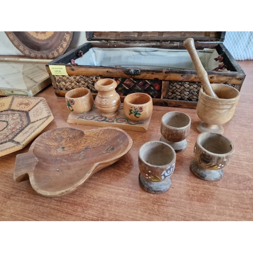 82 - Collection of Wooden Items; Decorative Plates, Tray, Egg Cups, Club Shaped Dish, Wicker Basket, etc