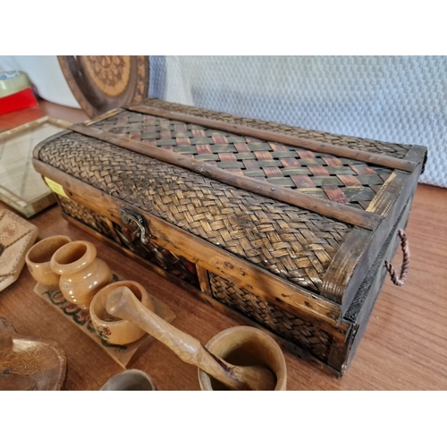 82 - Collection of Wooden Items; Decorative Plates, Tray, Egg Cups, Club Shaped Dish, Wicker Basket, etc