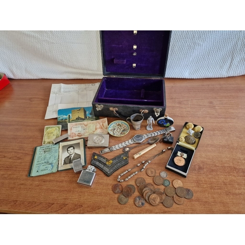 85 - Vintage Box with Interesting Collection of Items; 1989 Cyprus 50 Cent Bank Note, Various Coins, Mili... 