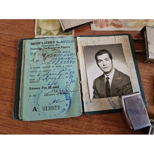 85 - Vintage Box with Interesting Collection of Items; 1989 Cyprus 50 Cent Bank Note, Various Coins, Mili... 