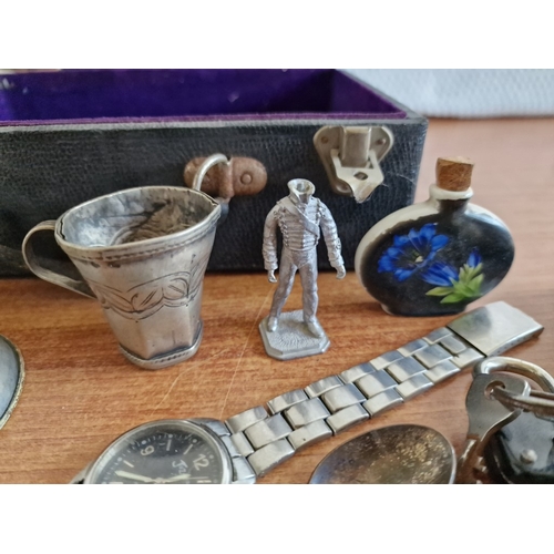 85 - Vintage Box with Interesting Collection of Items; 1989 Cyprus 50 Cent Bank Note, Various Coins, Mili... 