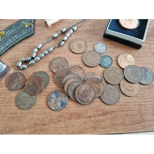 85 - Vintage Box with Interesting Collection of Items; 1989 Cyprus 50 Cent Bank Note, Various Coins, Mili... 