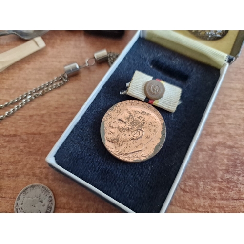 85 - Vintage Box with Interesting Collection of Items; 1989 Cyprus 50 Cent Bank Note, Various Coins, Mili... 