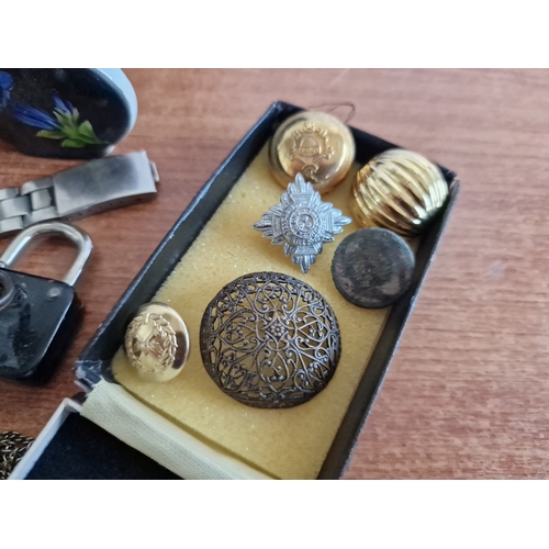 85 - Vintage Box with Interesting Collection of Items; 1989 Cyprus 50 Cent Bank Note, Various Coins, Mili... 