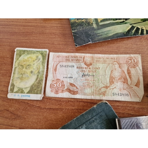 85 - Vintage Box with Interesting Collection of Items; 1989 Cyprus 50 Cent Bank Note, Various Coins, Mili... 