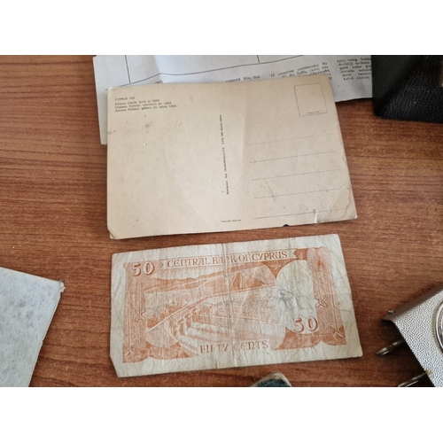 85 - Vintage Box with Interesting Collection of Items; 1989 Cyprus 50 Cent Bank Note, Various Coins, Mili... 