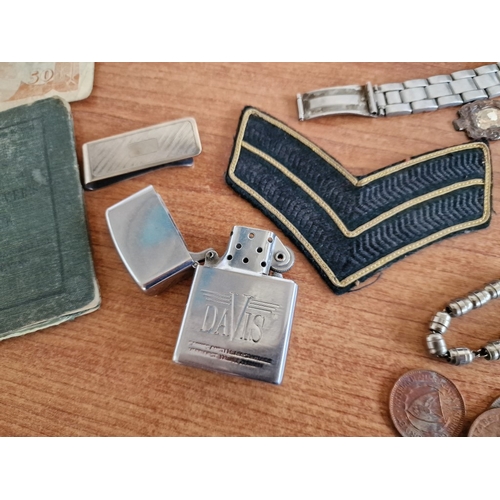 85 - Vintage Box with Interesting Collection of Items; 1989 Cyprus 50 Cent Bank Note, Various Coins, Mili... 