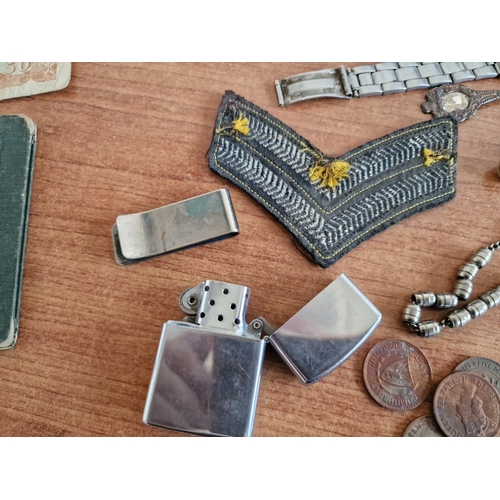 85 - Vintage Box with Interesting Collection of Items; 1989 Cyprus 50 Cent Bank Note, Various Coins, Mili... 