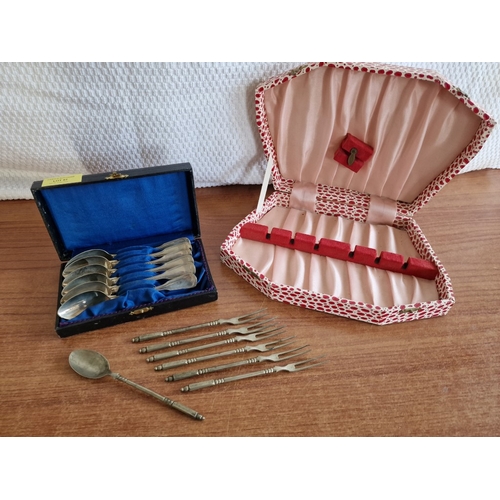 87 - Case Set of 6 x Vintage White Metal Tea Spoons, 6 x Vintage Desert Forks & 1 Spoon, Together with Cu... 