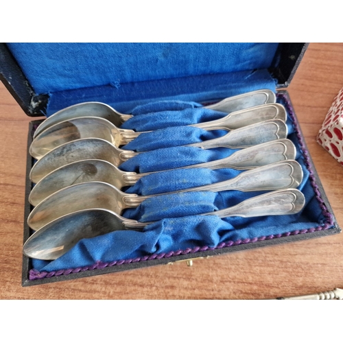 87 - Case Set of 6 x Vintage White Metal Tea Spoons, 6 x Vintage Desert Forks & 1 Spoon, Together with Cu... 