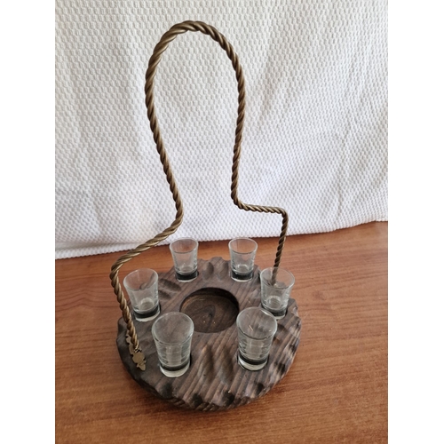 88 - Vintage Carved Wood Drinks Tray with Carrying Handle and Recesses For Bottle & 6 x Glass, Together w... 