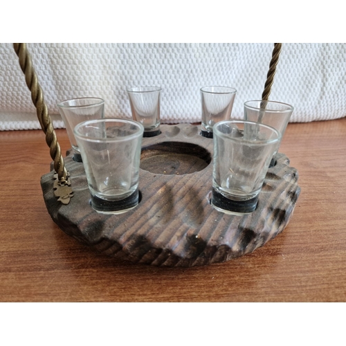 88 - Vintage Carved Wood Drinks Tray with Carrying Handle and Recesses For Bottle & 6 x Glass, Together w... 