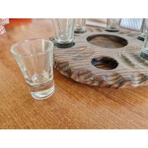 88 - Vintage Carved Wood Drinks Tray with Carrying Handle and Recesses For Bottle & 6 x Glass, Together w... 