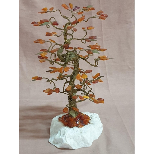 Mini Amber (?) Bonsai Tree (H:26cm) Brass Effect / Amber Leaves, Stone Base