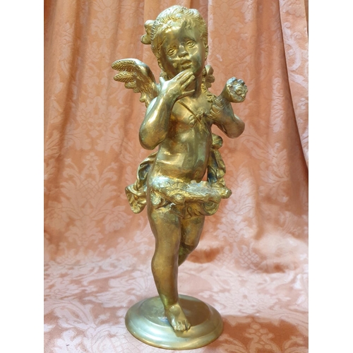 767 - Vintage Heavy Solid Brass Standing Cherub Sculpture on Round Base (H:38.5cm) Total Weight 5.70kg, Pr... 