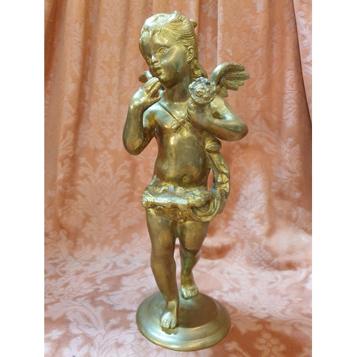 767 - Vintage Heavy Solid Brass Standing Cherub Sculpture on Round Base (H:38.5cm) Total Weight 5.70kg, Pr... 