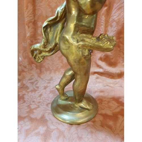 767 - Vintage Heavy Solid Brass Standing Cherub Sculpture on Round Base (H:38.5cm) Total Weight 5.70kg, Pr... 