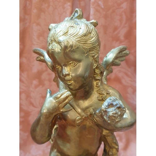 767 - Vintage Heavy Solid Brass Standing Cherub Sculpture on Round Base (H:38.5cm) Total Weight 5.70kg, Pr... 