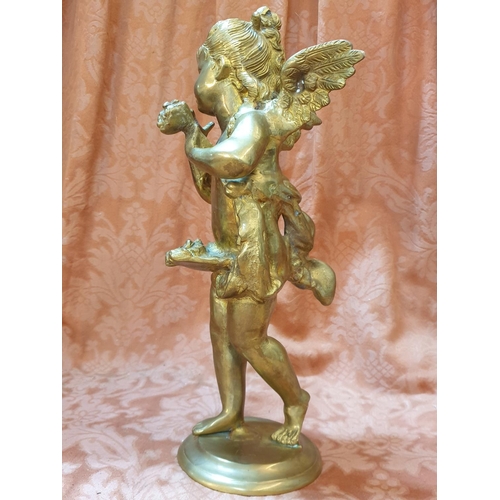 767 - Vintage Heavy Solid Brass Standing Cherub Sculpture on Round Base (H:38.5cm) Total Weight 5.70kg, Pr... 