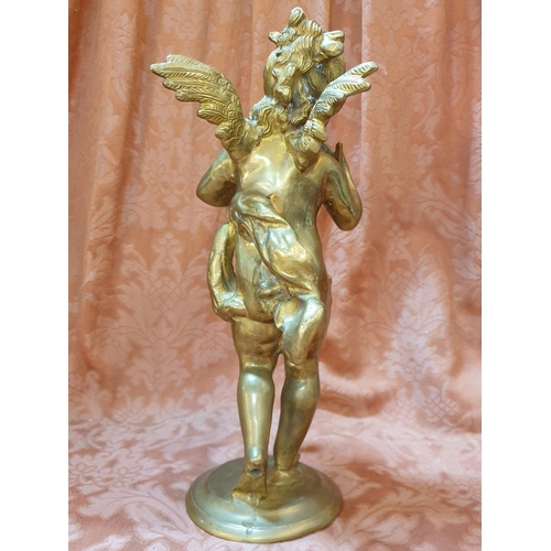 767 - Vintage Heavy Solid Brass Standing Cherub Sculpture on Round Base (H:38.5cm) Total Weight 5.70kg, Pr... 