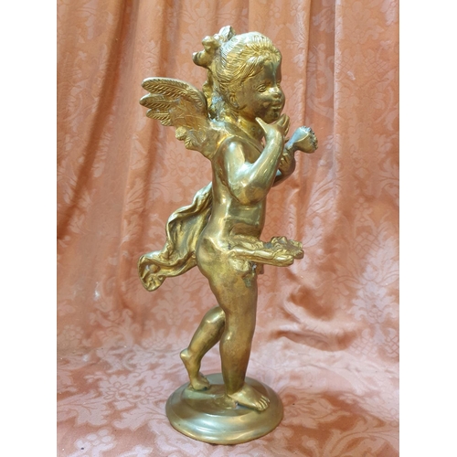 767 - Vintage Heavy Solid Brass Standing Cherub Sculpture on Round Base (H:38.5cm) Total Weight 5.70kg, Pr... 