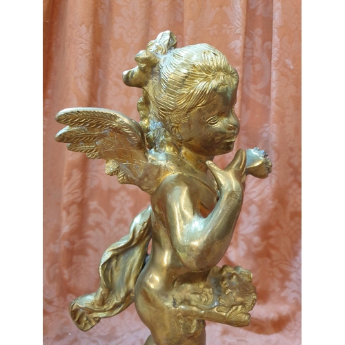 767 - Vintage Heavy Solid Brass Standing Cherub Sculpture on Round Base (H:38.5cm) Total Weight 5.70kg, Pr... 