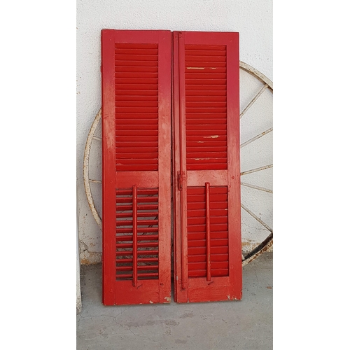 768 - Pair of Red Colour Vintage Wooden Louvered Window Shutters (Approx. W:72.5cm x H: 143cm)