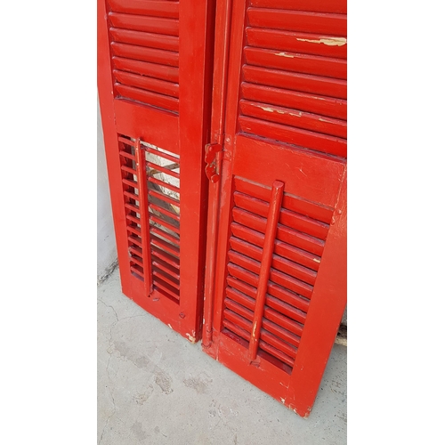 768 - Pair of Red Colour Vintage Wooden Louvered Window Shutters (Approx. W:72.5cm x H: 143cm)