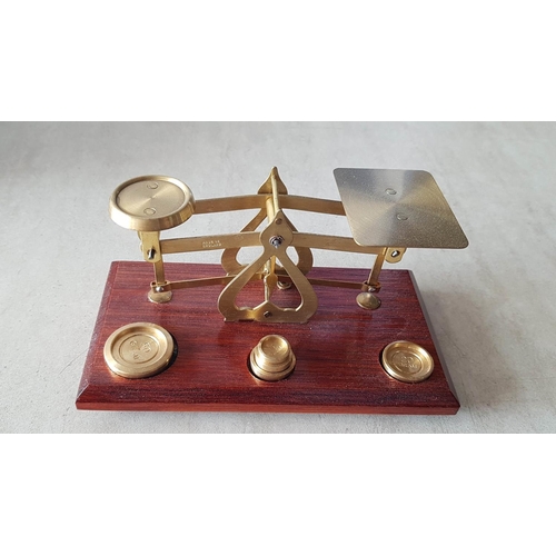 116 - Royal Mail Brass Postal Scales on Wooden Plinth Complete with Brass Weights