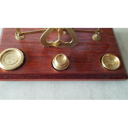116 - Royal Mail Brass Postal Scales on Wooden Plinth Complete with Brass Weights
