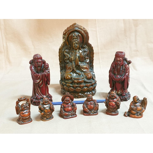 75 - Set of 6 x Miniature Buddhas (H:4.5cm) Together with 2 x Buddhas (H:12cm) and Female Deity (H:18cm)