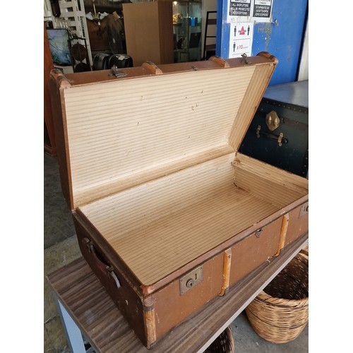 110 - 1920's Canvas Covered Wood Banded Steamer Trunk with 2 x Handles and Latches (90 x 53 x 33cm)