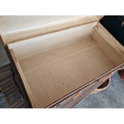 110 - 1920's Canvas Covered Wood Banded Steamer Trunk with 2 x Handles and Latches (90 x 53 x 33cm)