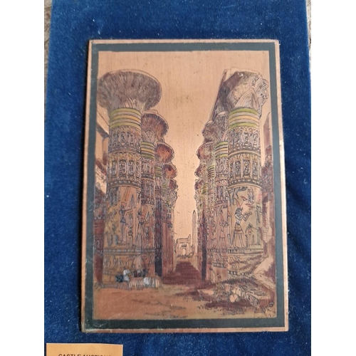 53 - Vintage Engraved Copper Plaque 'Temple of Isis', Egypt 1970's, Together with Damascene Gold Tone Fra... 