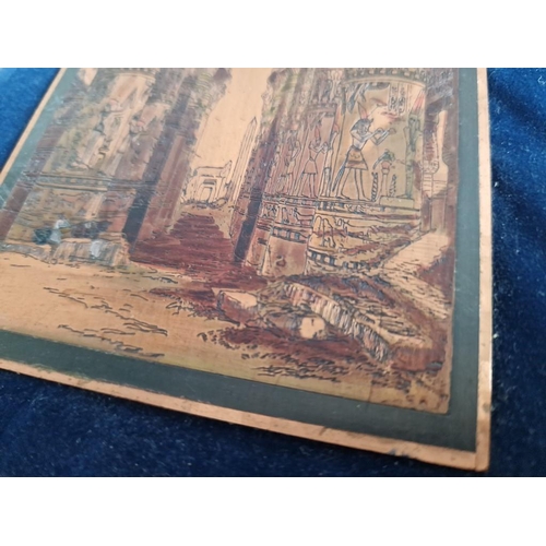 53 - Vintage Engraved Copper Plaque 'Temple of Isis', Egypt 1970's, Together with Damascene Gold Tone Fra... 