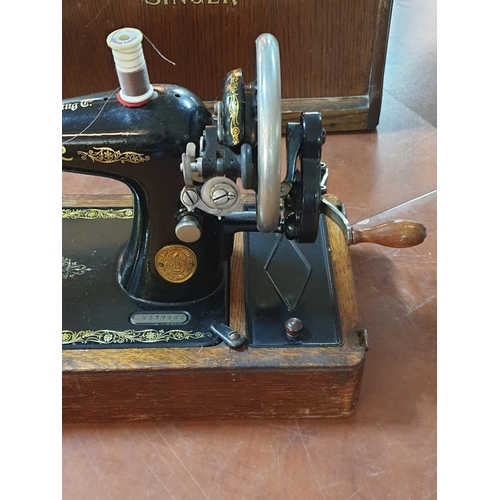 22 - Antique Hand Cranked Singer Machine Complete with Cover, Original Instruction Book and Accessories (... 
