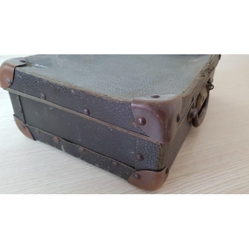 61 - Antique Small Brown Cardboard Suitcase with Metal Handle (A/F), (35.5 x 23.5 x 11cm)