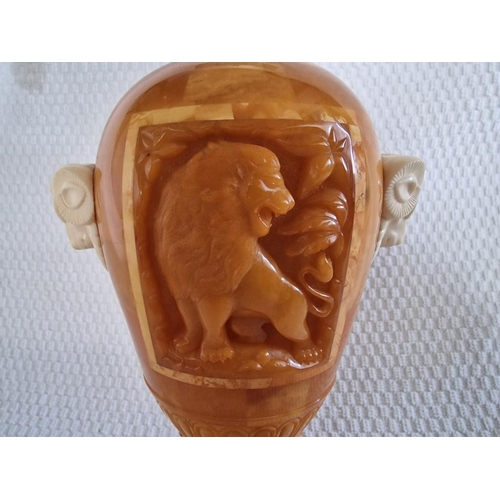 2 - Decorative Baltic Amber Vase / Urn with Carved Lion and Tiger, Over Square Base with Rams Head Handl... 