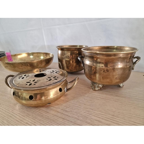 39 - 2 x Brass Flower Pot Holders (Ø12cm & Ø14cm) Pierced Brass Food / Plate Warmer and Brass Willow Patt... 