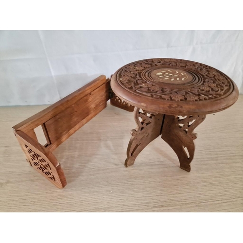 62 - Small Heavily Carved Wooden Side Table (H: 24cm x Ø: 23cm), Together with Carved Open Work Book Slid... 